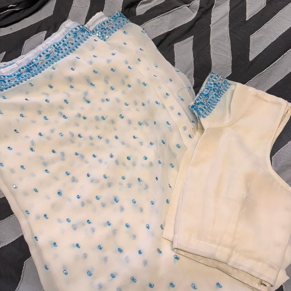 Cream & blue sequin blouse and saree sari with blue sequin embellishments